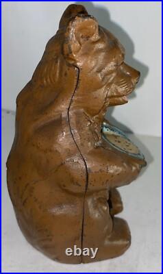 Rare Antique Hubley Brown Bear Holding Blue Honey Pot Cast Iron Still Bank