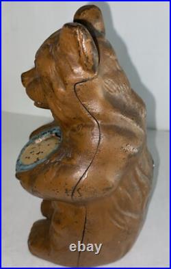 Rare Antique Hubley Brown Bear Holding Blue Honey Pot Cast Iron Still Bank