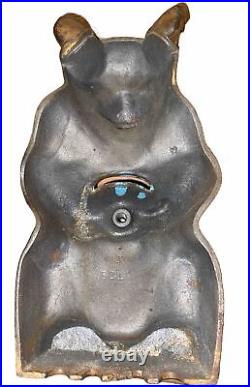 Rare Antique Hubley Brown Bear Holding Blue Honey Pot Cast Iron Still Bank