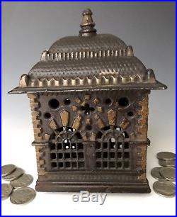 Rare Antique Shimer & Son Cast Iron Still Penny Home Savings Bank Building #1126