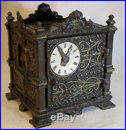 Rare Cast Iron Fidelity Trust Vault Clock Bank, J Barton Smith Co. Antique 1900