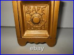 Rare Je Stevens Gold Painted Cast Iron Safe Deposite Bank Pat 1897 Opens/closes