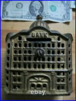 Rare LG. 1870 Antique Victorian Painted Gold Cast Iron Coin Bank, Americana GIFT