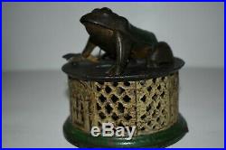 Rare Orginal Cast Iron Frog On Lattice Mechanical Bank 1stpaint Works No Res
