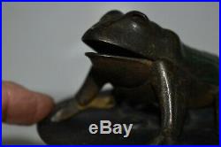 Rare Orginal Cast Iron Frog On Lattice Mechanical Bank 1stpaint Works No Res