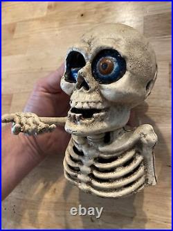 Skeleton Mechanical Halloween Candy Piggy Bank Cast Iron Collector 5+ LBS Patina
