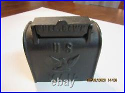 Small Bank Antique Cast Iron US Mail Box. Hinged Slot. Raised Eagle on front