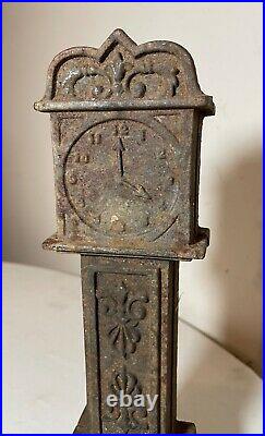 Tall antique solid cast iron grandfather clock penny coin piggy bank toy