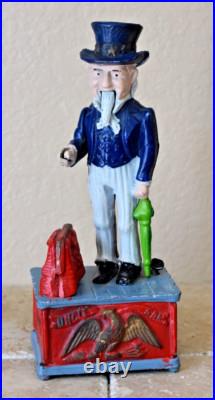 Uncle Sam Mechanical Coin Bank Heavy Cast Iron Fully Functional Americana Uncle Sam Mechanical Coin Bank Heavy Cast Iron Fully Functional Americana