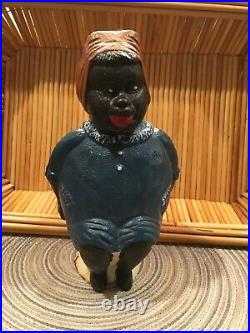 VINTAGE BLACK AMERICAN LADY CAST IRON BANK COLLECTIBLEDRESSED IN BLUE WithTAN WRAP
