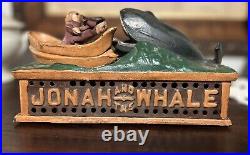 VTG JONAH and the WHALE Solid CAST IRON Hand Painted Mechanical Toy Bank WORKS