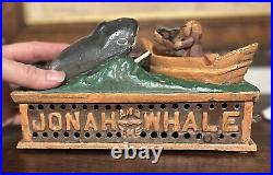 VTG JONAH and the WHALE Solid CAST IRON Hand Painted Mechanical Toy Bank WORKS
