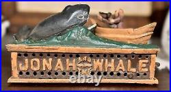 VTG JONAH and the WHALE Solid CAST IRON Hand Painted Mechanical Toy Bank WORKS