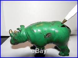 Very Rare GREEN Original Vintage Arcade Cast Iron Rhino Rhinoceros Steel Bank
