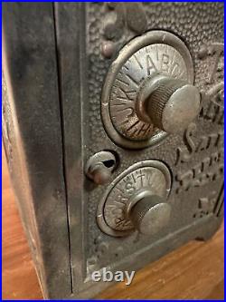 Victorian Antique Iron Coin Bank Double Combination Lock, Keyless Lock Co #39887