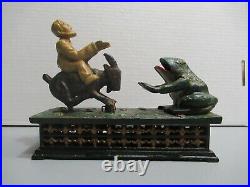 Vintage 1906 Hubley Man on Goat and Frog Mechanical Bank Cast Iron