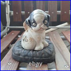 Vintage 1914 Cast Iron Hubley PUPPO Pup Dog & BEE ON A PILLOW Cpin STILL BANK