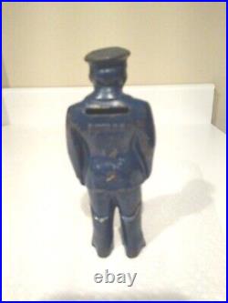 Vintage 1920s Arcade Cast Iron Policeman in Blue Still Bank. Original Paint