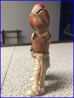 Vintage 6 Cast Indian with Headdress and Tomahawk Still Bank Original Paint