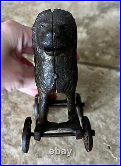 Vintage A. C Williams Cast Iron Circus Lion On Wheels Still Coin Bank 5