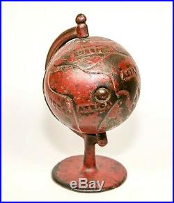 Vintage Antique 1920's Cast Iron World Globe Still Penny Coin Bank Red 5.25