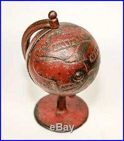 Vintage Antique 1920's Cast Iron World Globe Still Penny Coin Bank Red 5.25