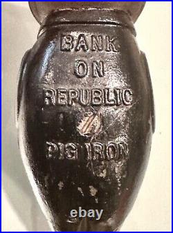 Vintage Antique Bank On Republic Pig Cast Iron Money Coin Safe Box Piggy Bank