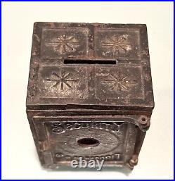Vintage Antique Cast Iron Security Deposit Toy Money Coin Safe Box Piggy Bank