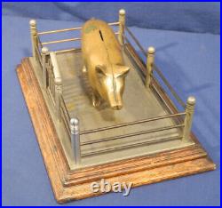 Vintage Antique Cast Iron Still Bank Brass Prototype Pig in its Pen Rare c. 1920