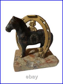 Vintage Cast Iron BUSTER BROWN & TIGE Good Luck Horse Horseshoe Still Coin Bank