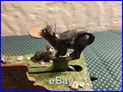 Vintage Cast Iron Bank Cat Jumping To Tree Original Paint