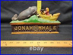 Vintage Cast Iron Bank Jonah & The Whale Works Articulates Drops Coin