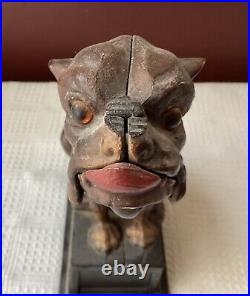 Vintage Cast Iron Bull Dog Coin Bank, First National Bank Of Miami, 7.5 Tall