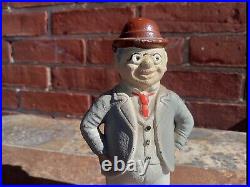 Vintage Cast Iron Foxy Grandpa Still Piggy Bank Made By Hubley Gray Suit + Hat