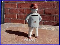 Vintage Cast Iron Foxy Grandpa Still Piggy Bank Made By Hubley Gray Suit + Hat