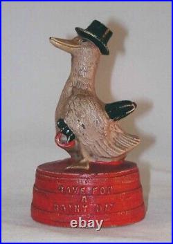 Vintage Cast Iron Hubley Still Bank Duck in Top Hat On Red Tub Original Paint
