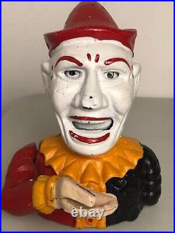 Vintage Cast Iron Jester Clown Humpty Dumpty Mechanical Bank Read