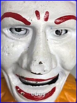 Vintage Cast Iron Jester Clown Humpty Dumpty Mechanical Bank Read
