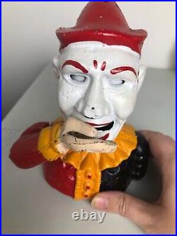 Vintage Cast Iron Jester Clown Humpty Dumpty Mechanical Bank Read
