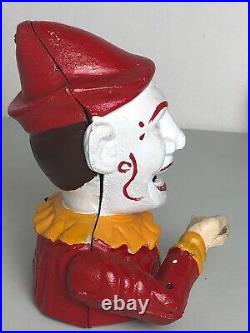 Vintage Cast Iron Jester Clown Humpty Dumpty Mechanical Bank Read