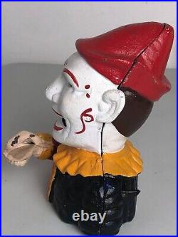 Vintage Cast Iron Jester Clown Humpty Dumpty Mechanical Bank Read