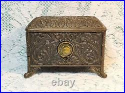 Vintage Cast Iron Jewel Chest Coffin Bank ornate with combination lock 1889