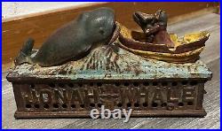 Vintage Cast Iron Jonah & the Whale Mechanical Coin Bank Works
