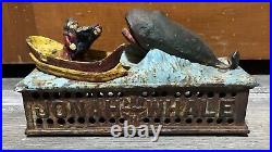 Vintage Cast Iron Jonah & the Whale Mechanical Coin Bank Works