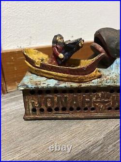 Vintage Cast Iron Jonah & the Whale Mechanical Coin Bank Works