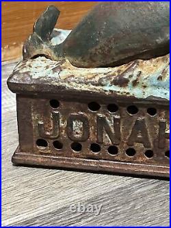 Vintage Cast Iron Jonah & the Whale Mechanical Coin Bank Works