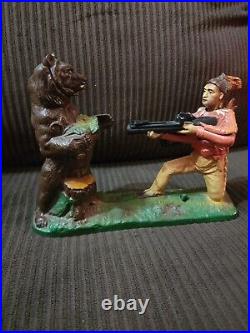 Vintage Cast Iron Mechanical Coin Bank INDIAN SHOOTING BEAR Book Of Knowledge