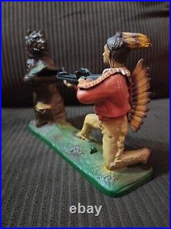 Vintage Cast Iron Mechanical Coin Bank INDIAN SHOOTING BEAR Book Of Knowledge