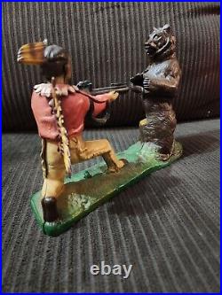 Vintage Cast Iron Mechanical Coin Bank INDIAN SHOOTING BEAR Book Of Knowledge