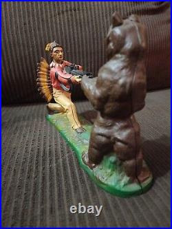 Vintage Cast Iron Mechanical Coin Bank INDIAN SHOOTING BEAR Book Of Knowledge